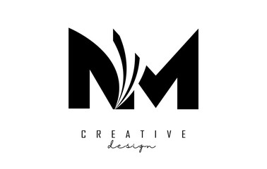 Creative black letters Nm n m logo with leading lines and road concept design. Letters with geometric design.