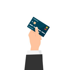 A man's hand in a business suit holds up, hands over a debit, credit card for payment. Flat style vector