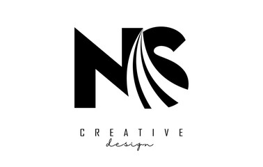 Creative black letters NS n s logo with leading lines and road concept design. Letters with geometric design.