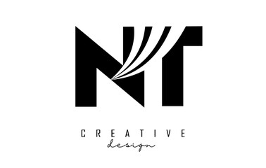 Creative black letters NT n t logo with leading lines and road concept design. Letters with geometric design.