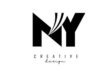 Creative black letters NY n y logo with leading lines and road concept design. Letters with geometric design.