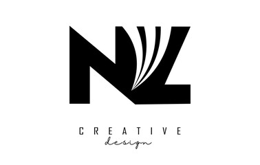 Creative black letters NZ n z logo with leading lines and road concept design. Letters with geometric design.