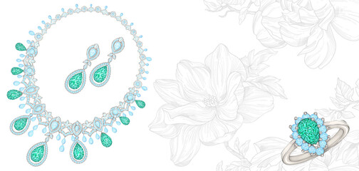 Pencil drawing of a necklace and a ring with precious stones on a white background. Isolated sketch. White background with hand painted diamond rings. Texture background for creativity and advertising
