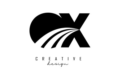 Creative black letters OX o x logo with leading lines and road concept design. Letters with geometric design.