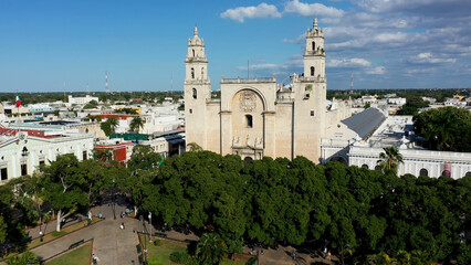 Aerial view from the zocalo, plaza grande to the cathedral san ildefonso bell towers in Merida,...