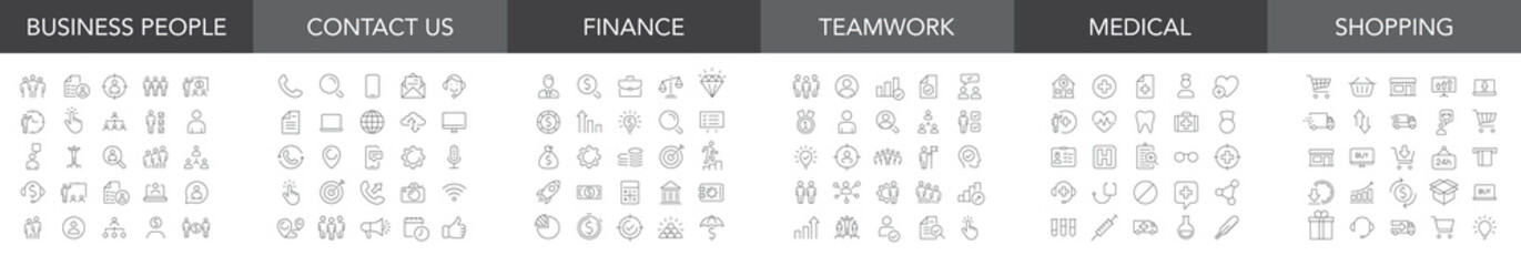 Big set of thin line Web icon. Business, finance, shopping, medical, teamwork, contact us. Vector illustration