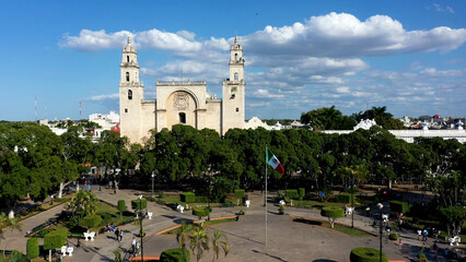 Aerial view over the zocalo, plaza grande, viewing the cathedral San Ildefonso in Merida, Yucatan, Mexico.