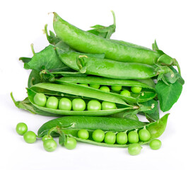 Green Peas. Raw ripe bunch of green peas with leaves isolated on white background