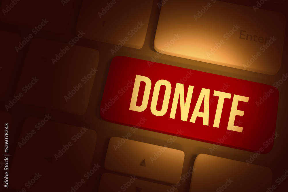 Poster donate button on keyboard in red color with dark color, 3d rendered design