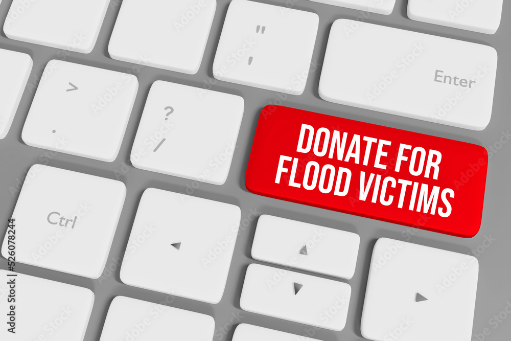 Poster donate for flood victims button design 3d rendered in red color. donation and help concept backdrop