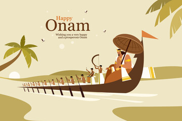Illustration of King Mahabali and rowers in a snake boat celebrating Onam . Onam is a harvest festival in Kerala, India - obrazy, fototapety, plakaty