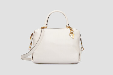 Blank Women's White Leather Handbag Isolated on White Background. Business classic female...