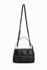 Blank Women Black Leather Handbag Isolated on White Background. Female handle shoulder bag hanging...