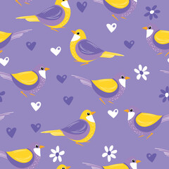 Seamless pattern with funny colorful birds, flowers, leaves and berries. Color flat vector illustration with little cartoon bird. Cute characters. Design for invitation, poster, card, textile, fabric