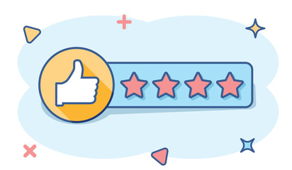 Vector cartoon customer reviews, user feedback icon in comic style. Rating sign illustration pictogram. Stars rating business splash effect concept.