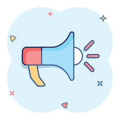 Vector cartoon megaphone icon in comic style. Bullhorn sign illustration pictogram. Megaphone business splash effect concept.