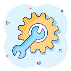 Vector cartoon service tool icon in comic style. Cogwheel with wrench sign illustration pictogram. Workshop business splash effect concept.