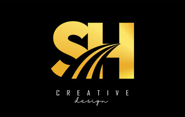 Golden letter SH s h logo with leading lines and road concept design. Letters with geometric design. Vector Illustration with letter and creative cuts.