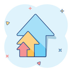 Vector cartoon arrow up icon in comic style. Forward arrow sign illustration pictogram. Cursor business splash effect concept.