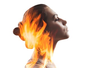 Passion energy. Emotional anxiety. Fear frustration. Double exposure silhouette of disturbed woman...
