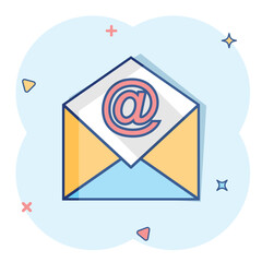 Vector cartoon mail envelope icon in comic style. Email sign illustration pictogram. Mail business splash effect concept.