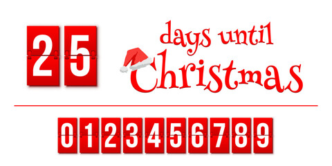 Countdown of days until Christmas, advent calendar with flip numbers template, red text