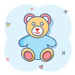 Vector cartoon teddy bear plush toy icon in comic style. Teddy toy sign illustration pictogram. Bear business splash effect concept.