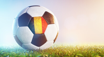 Football soccer ball with flag of Belgium on grass