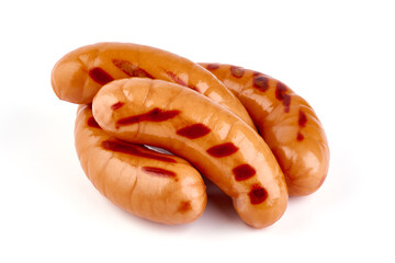 Grilled german sausages, bratwurst, isolated on white background.