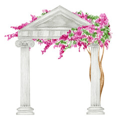 Watercolor antique arch column ionic order with bright pink flowers, Ancient Classic Greek pillar, Roman Columns, Architecture facade elements drawing illustration isolated on white background