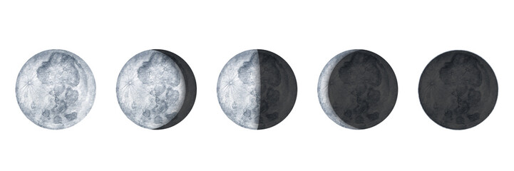 Moon phases on white background. Galaxy Hand drawn isolated watercolor illustration of cycle from new to full moon.