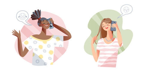 People call on mobile phone and smile set vector illustration. Cartoon freelancer women characters talking about business work, hipster girl holding cellphone, black girl student smiling