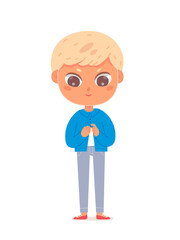 Boy wearing cotton blue shirt, isolated adorable child buttoning shirt, fastening buttons