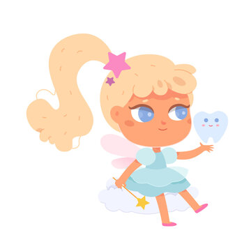 Tooth fairy and kids molar characters vector illustration. Cartoon isolated cute girl elf with pink butterfly wings and dress walking, cheerful little funny godmother visiting baby losing teeth