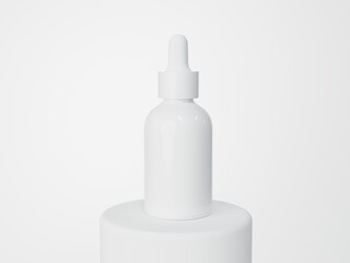 White glass cosmetic serum dropper bottle on podium 3D render, care product packaging