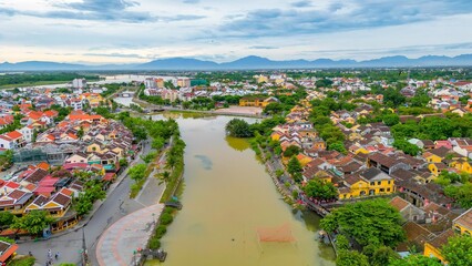 Fototapeta na wymiar Hoi An, Vietnam : Panorama Aerial view of Hoi An ancient town, UNESCO world heritage, at Quang Nam province. Vietnam. Hoi An is one of the most popular destinations in Vietnam