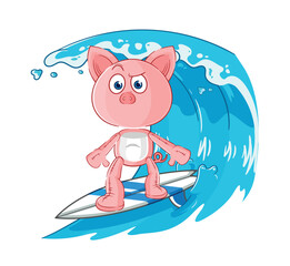 pig surfing character. cartoon mascot vector