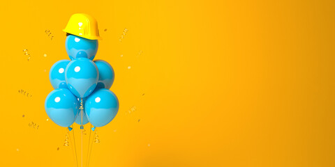 Air balloons with a protective helmet on a yellow background.
3D render template for the Builder's Day, Labor Day, the building company anniversary or a new project start banner. - obrazy, fototapety, plakaty