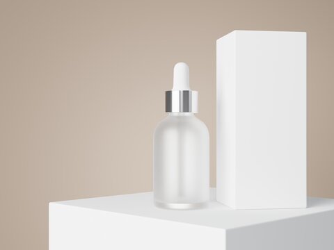 Cosmetic serum dropper bottle and box 3D render, care product packaging