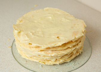 Making homemade Napoleon cake. All layers are heavily coated with cream