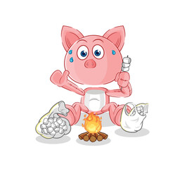 pig roasting marshmallows. cartoon mascot vector