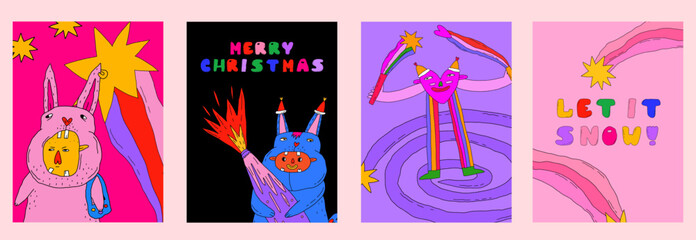 vertical vecto rset of cards for retro christmas and new year.humor party carnival-guy in a rabbit costume with fireworks.Pink bunny,heart,rainbow,festive.1970 psychedelic groovy and funky template