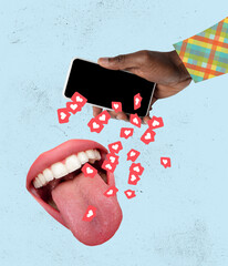 Modern gadgets in urban lifestyle. Hands aesthetic on blue background, artwork. Surprise, wow and...