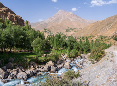 Scenic Mountain Landscape Panorama In The Marguzor Seven Lakes Area, Shing River Valley, Near Penjikent Or Panjakent, Sughd Region, Tajikistan