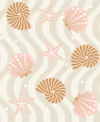 Abstract Geometric Decorative Seashell Starfish Wavy Stripes Seamless Pattern Trendy Fresh Fashion Colors Perfect for Swimwear Fabric Allover Print
