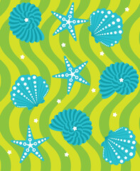 Abstract Geometric Decorative Seashell Starfish Wavy Stripes Seamless Pattern Trendy Fresh Fashion Colors Perfect for Swimwear Fabric Allover Print