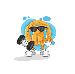 pretzel lifting dumbbell vector. cartoon character