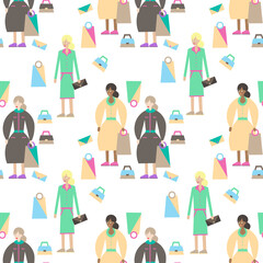 Fototapeta premium Seamless vector people pattern with ladies in different dresses and shopping bag on white background. Women. Drawing for gift wrapping paper or textile.