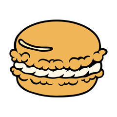 Cute hand drawn hamburger. Color image of cheeseburger in flat design. Burger cartoon badge. Vector illustration.