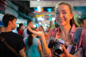 Solo tourist women travel take photo at night street city travel
